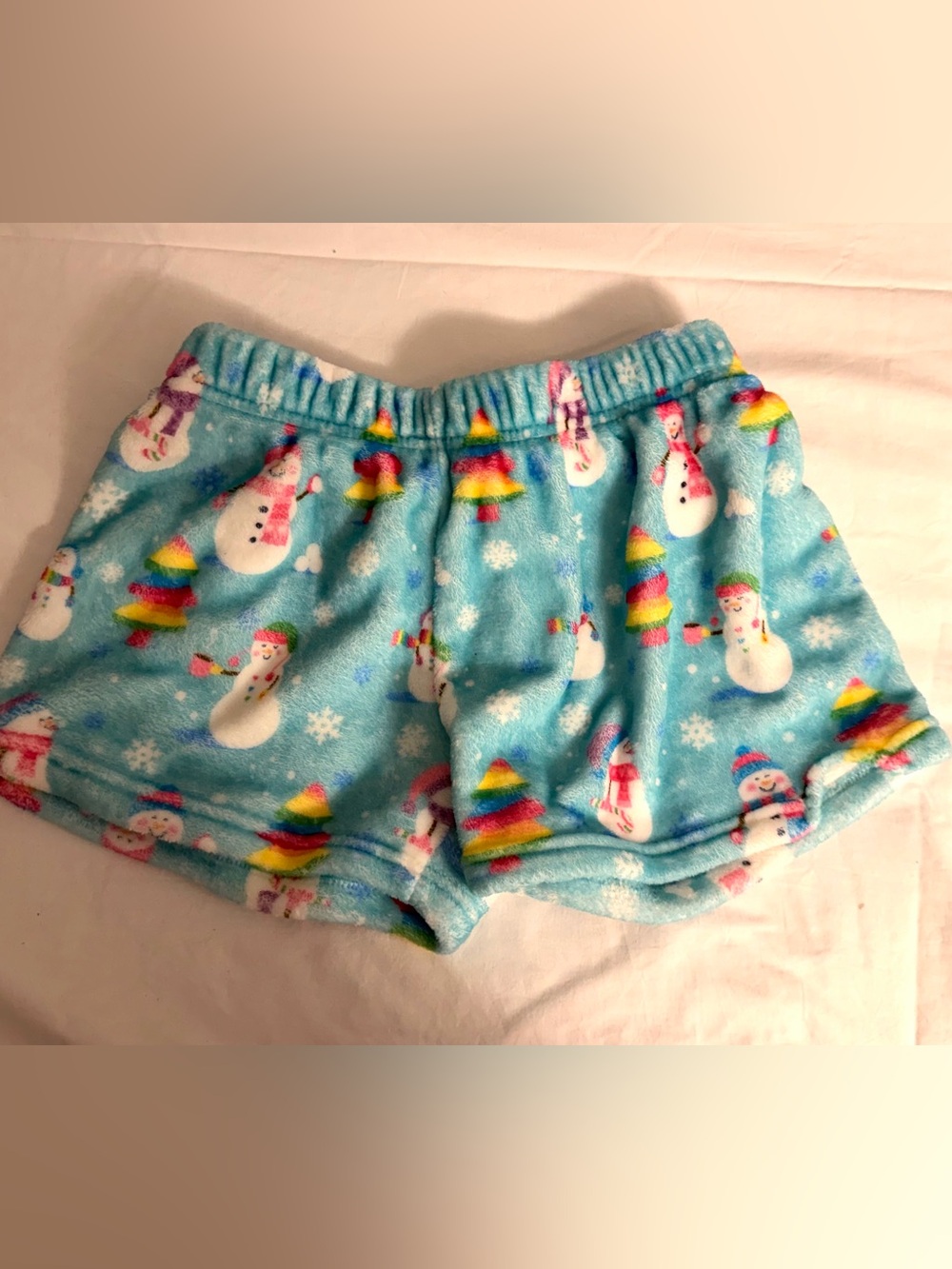 Girls' Blue Snowman Fleece Shorts with Rainbow Trees
